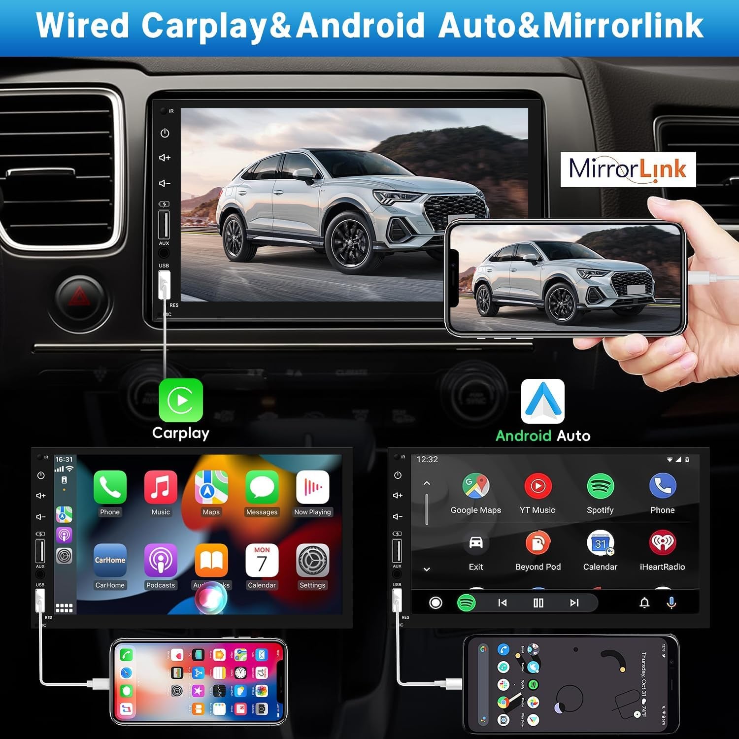 Double Din Car Stereo Radio Support Apple Carplay&Android Auto, 7Inch HD Touchscreen Double Din Radio with Bluetooth, Car Audio Receivers, Camera, Mirrorlink, FM Radio, 2 Usb/Tf/Aux/Subwoofer