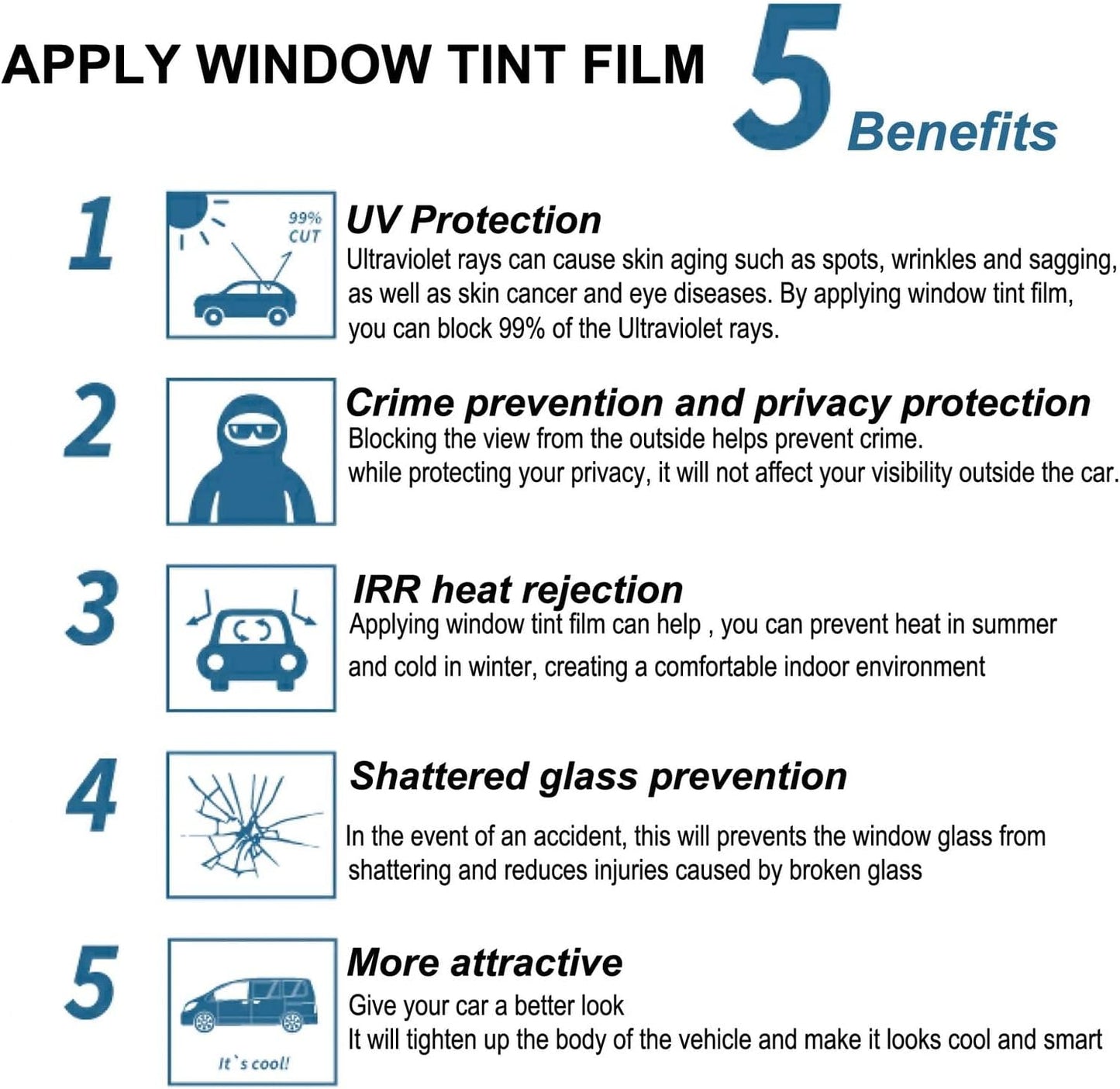 ® Car Window Tint Film - 5% 20% 35% 50% VLT Options, UV & Heat Blocking, Scratch Resistant, Professtional Grade Privacy Tint for Auto & Home Windows