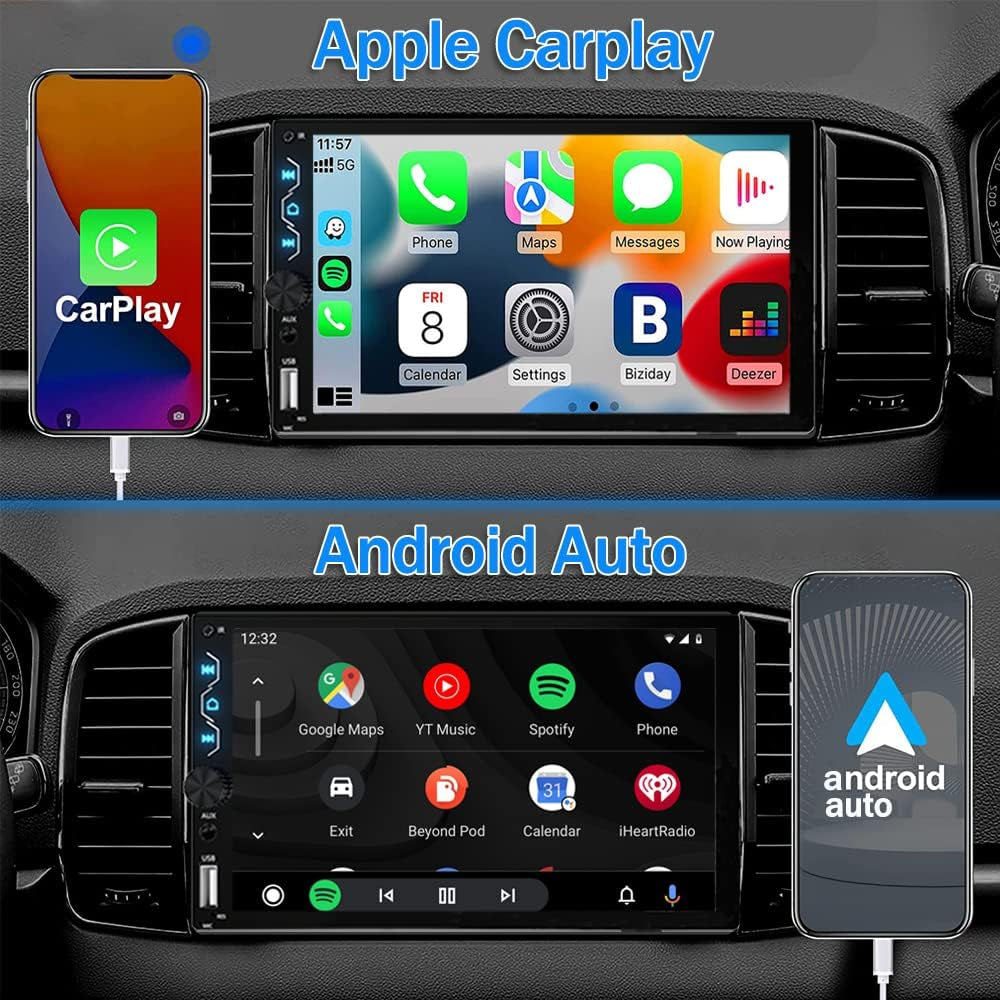 Double Din Car Stereo with Apple Carplay and Android Auto,7 Inch Full HD Touchscreen Car Radio Bluetooth, Car Stereo with Backup Camera,Support Mirror Link,Steering Wheel，Usb/Aux/Subwoofer