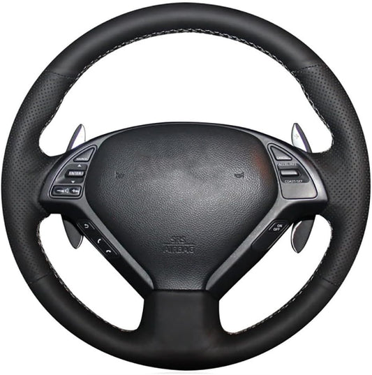 Black Genuine Leather Auto Custom Steering Wheel Covers for Infiniti G37/ Infiniti G35/ Infiniti EX35 /Infiniti EX25/ Infiniti EX37/ Infiniti Q60/ Infiniti QX50/ Infiniti Q40/ Infiniti IPL G