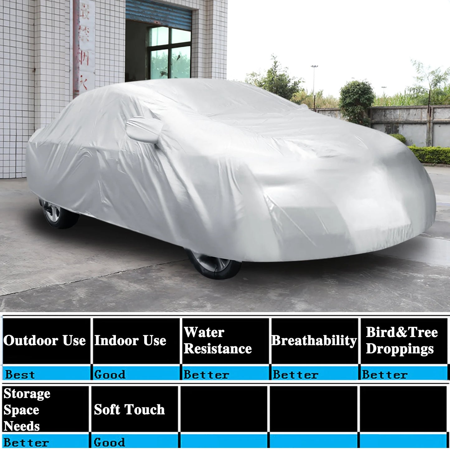 Waterproof Car Cover Breathable for Car Size 3L 187 X 69 X 59Inch Silver White