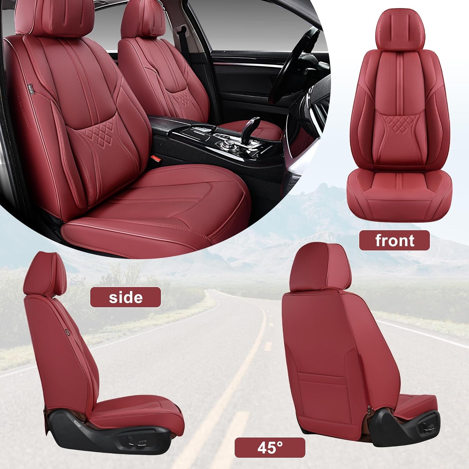 Car Seat Covers Full Set, Front and Rear Seat Covers for Cars, Leatherette Auto Seat Protectors Car Interior Accessories, Car Seat Cushions Fit for Most Sedans SUV Pick-Up Truck, Winered