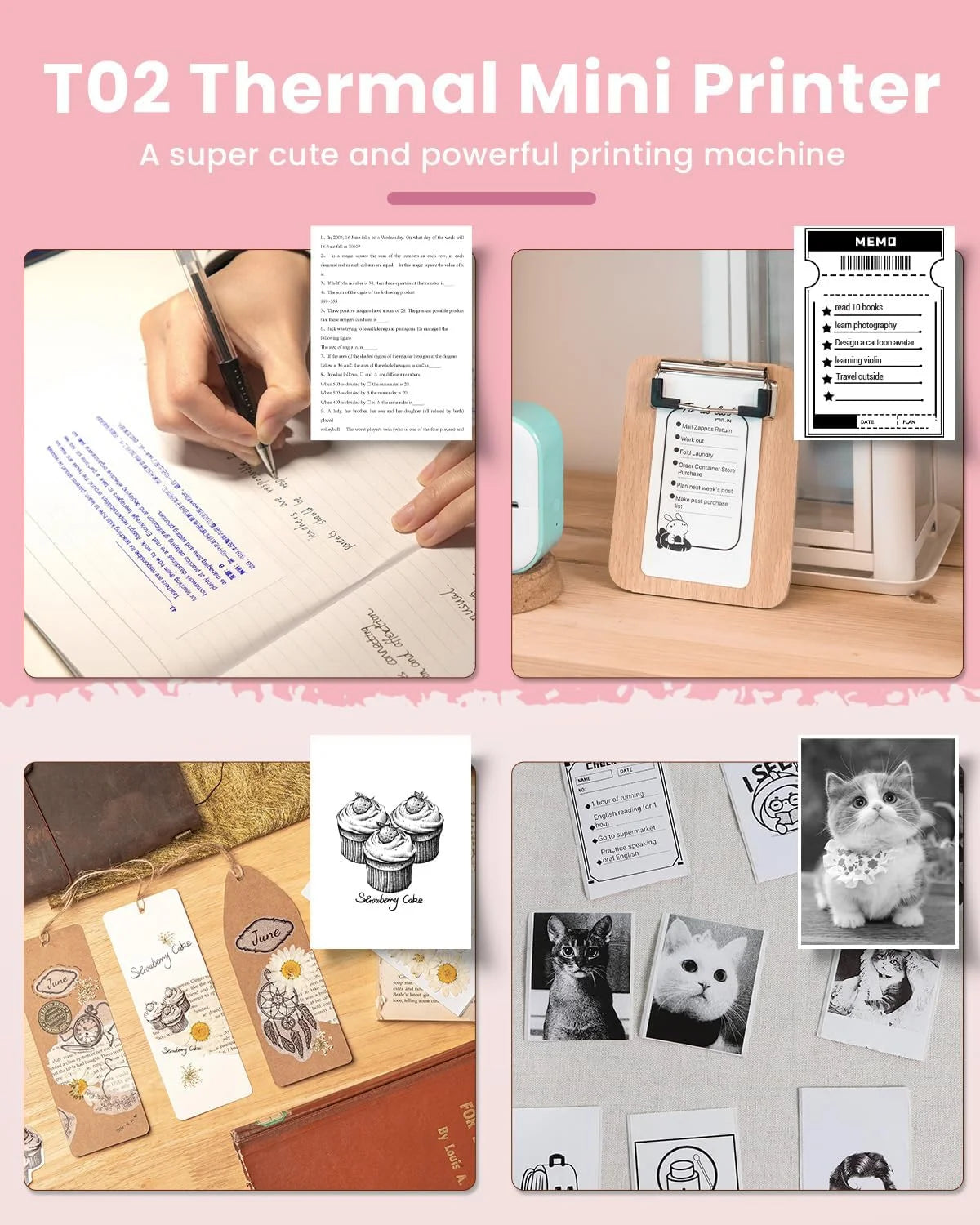 Mini Printer - Sticker Printer T02 Portable Inkless Sticker Maker Bluetooth Mobile Printer for Study Study Notes Kids Gift Photos Journals