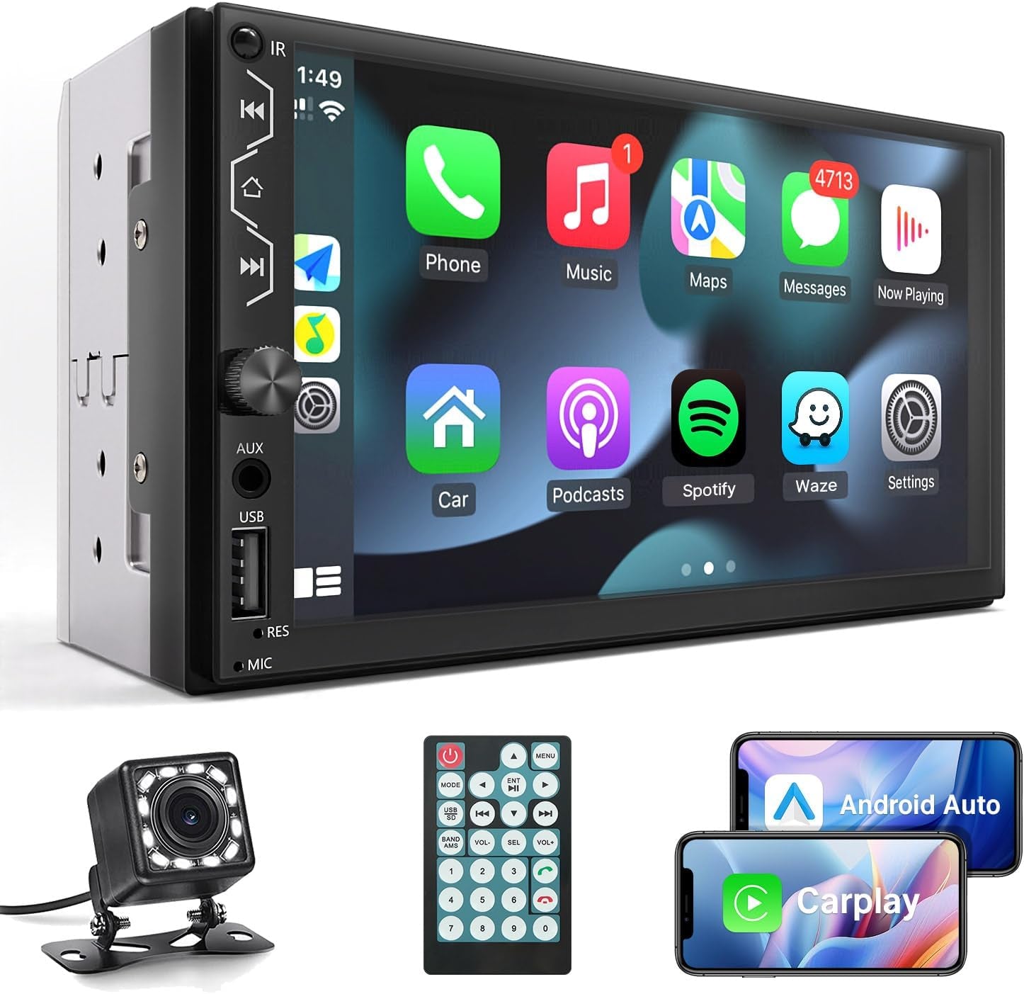 Double Din Car Stereo with Apple Carplay and Android Auto,7 Inch Full HD Touchscreen Car Radio Bluetooth, Car Stereo with Backup Camera,Support Mirror Link,Steering Wheel，Usb/Aux/Subwoofer