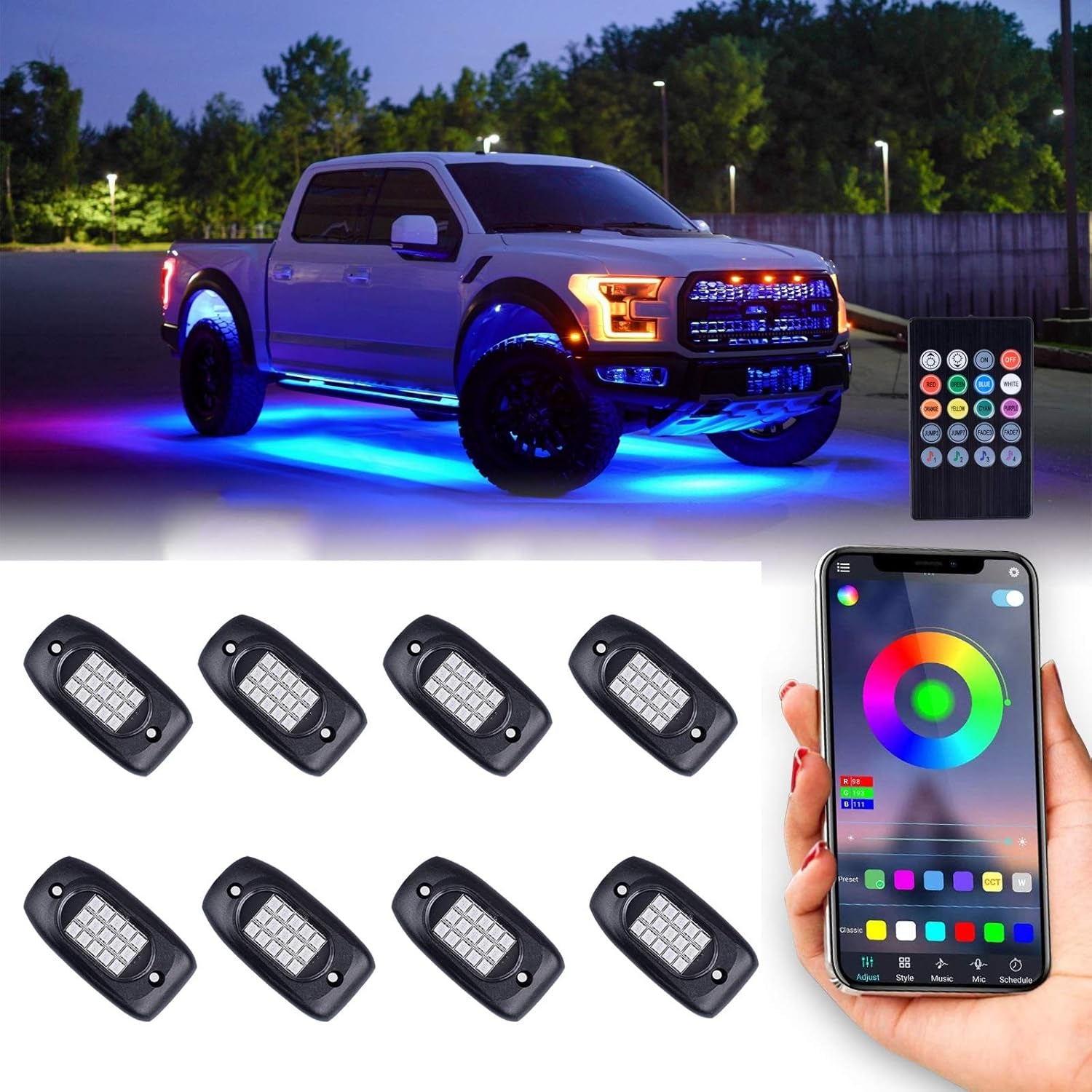 Waterproof RGB LED Rock Lights, 8Pcs Neon Underglow Lighting Kit with APP & Wireless Remote Control, Auto Wheel Exterior Underglow Lights,Under Car Lights for Suv,Truck,Auto Motorcycle